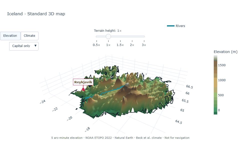 Animated PyWorldAtlas Standard 3D elevation map of Iceland