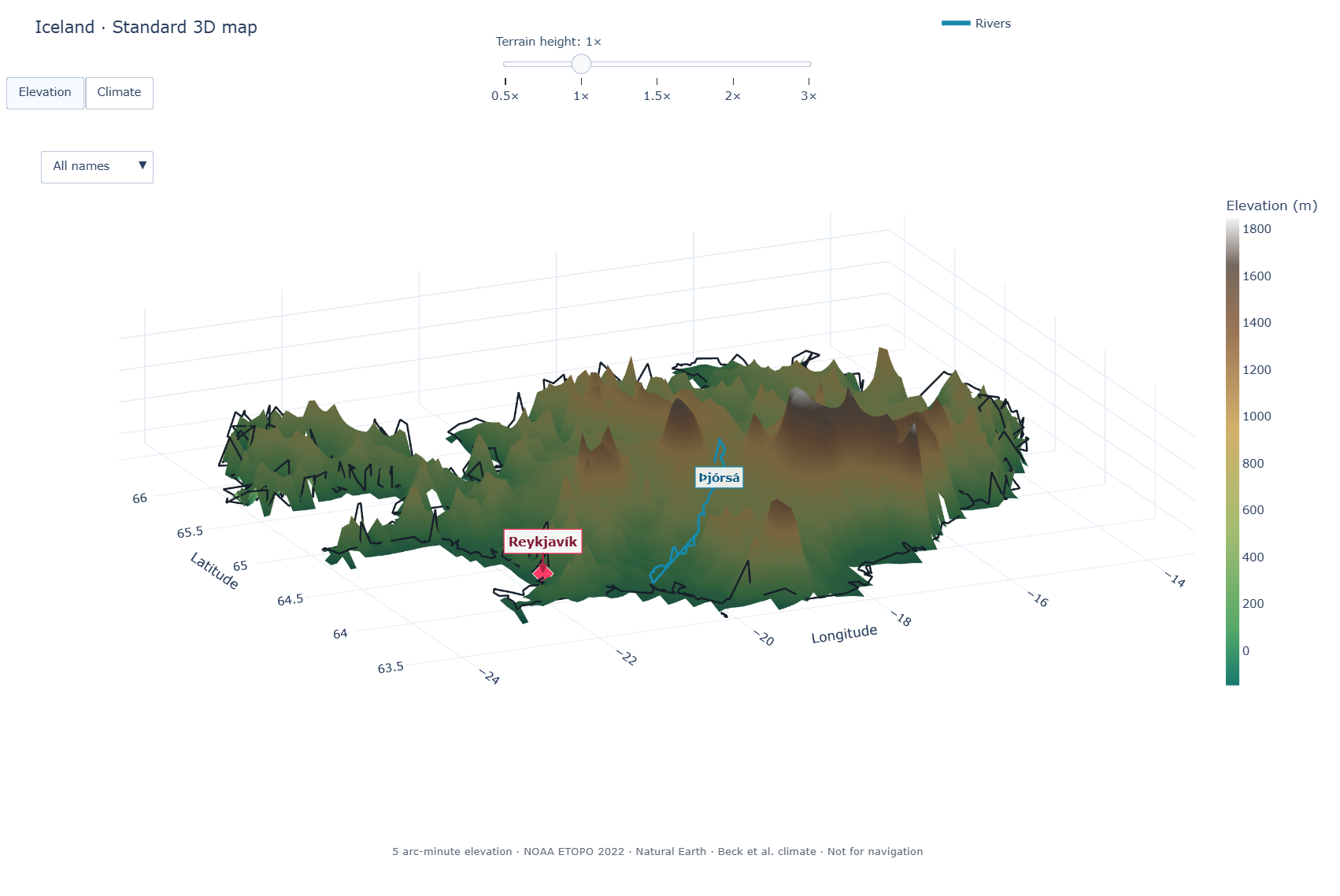 PyWorldAtlas Standard 3D elevation map of Iceland